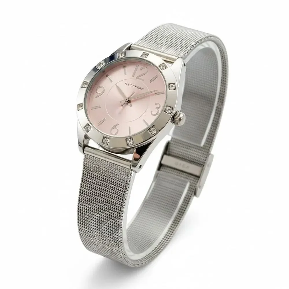 MET PHOR Womens Watch Pink Dial 36mm Silver Case Mesh Bracelet Quartz Analog